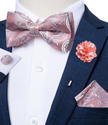 New Pre-tied Bow Ties for Men Pink Paisley Jacquard Butterfly Knot Pocket Square Cufflinks Corsage Set for Wedding