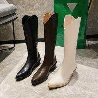 Fashion Ulzzang PU Leather Boot Pointed Side Zipper Middle Heel Long Boot