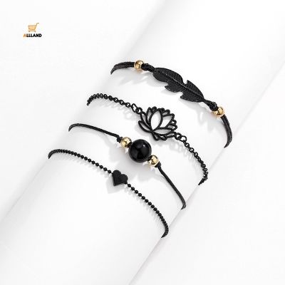 4 Pcs/ Set Dark Series Leaf Lotus Combination Bracelet/ Simple Black Pearl Love Heart Pendant Bangles/ Women Bohemian Jewelry