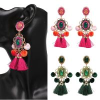 【Ready】Women Rhinestone Flower Pompom Tassel Dangle Ear Stud Earrings เครื่องประดับชี้แจง