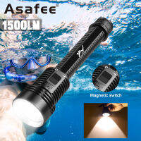 Asafee 1500LM D313 T40 LED Super Bright Diving Flashlight Scuba Can Focus Push Magnetic Switch Use 2*18650 Battery 3 Gear Switches Underwater Diving 30MIPX8 Waterproof