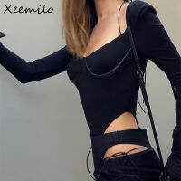 Xeemilo โกธิคหนัง PU เย็บปะติดปะต่อกันแขนยาวบอดี้สูทเซ็กซี่สแควร์คอลูกไม้ขึ้น H Alter เสื้อยืดฤดูร้อนถนน B Odycon บอดี้สูท