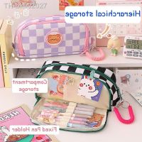 ﹊□ Plaid Wind Portable Pencil Box Large Capacity Pencil Case Japanese and Korean Stationery School Supplies