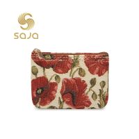 SAJA kunci kecil dompet nol dompet mini wanita dompet pola bunga poppy merah retro permadani tas kartu kredit klip ritsleting dompet gadis wanita nenek