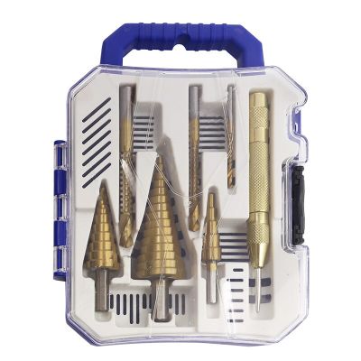 7PCs HSS Step Drill Bit Sets Straight Groove Titanium Coated Cone Hole Cutter Automatic Center Punch Spiral Twist Saw Drill Bit Drills Drivers