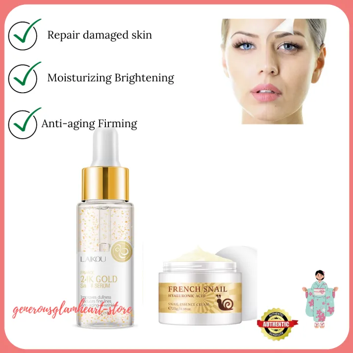 AUTHENTIC Bundle LAIKOU Snail Essence Kit 24k Gold Serum Snail Hyaluronic Acid Face Cream 25g