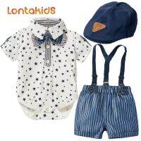 lontakids ทารกเด็กชายสุภาพบุรุษเสื้อสตรีท่อนบนเสื้อผ้าทารกเพศชายตั้งแขนสั้น Star Romper เสื้อ + Suspender กางเกงขาสั้นลายทาง + หูกระต่าย + หมวก0-24เดือน