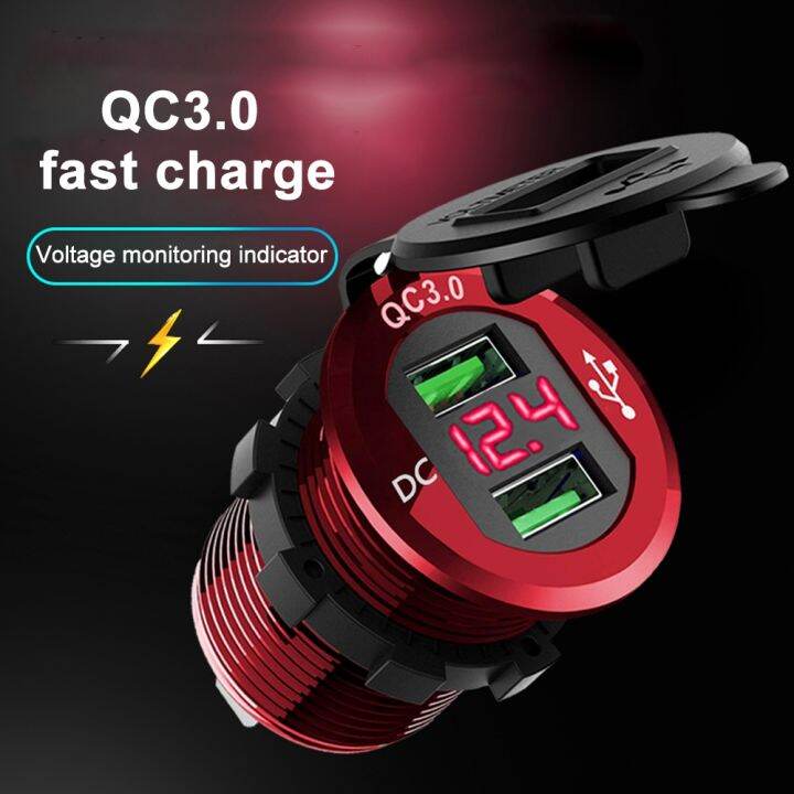 lz-12v-24v-car-quick-charge-3-0-dual-usb-charger-waterproof-socket-aluminum-power-outlet-fast-charge-with-led-voltmeter