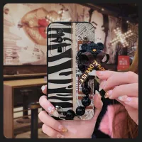 Solid color high-grade Phone Case For Redmi K60 Bear bracelet Black pearl pendant Liquid silicone shell Cartoon cute