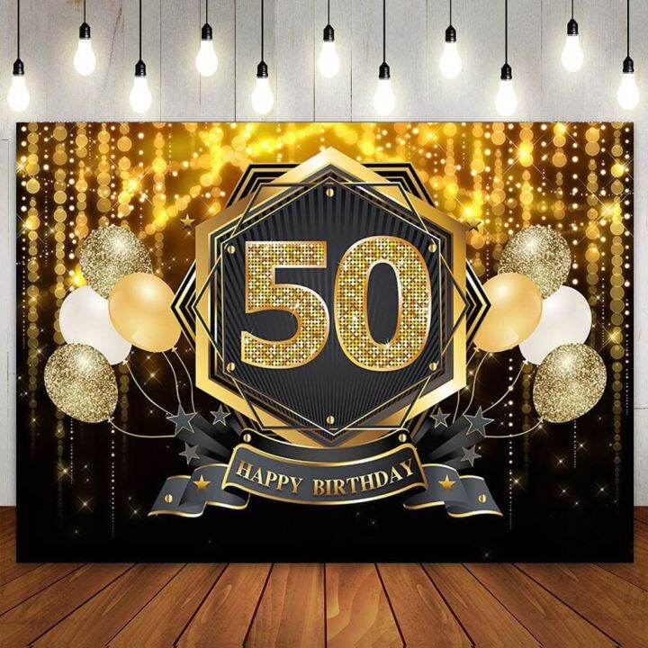 2 Happy 50th Birthday Backdrop Glitter Bokeh Black Balloon 50 Years Old 