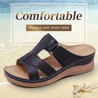 onlcicn Womens Cross Strap Wedge Heeled Slippers, Arch Support Open Toe Hook &amp; Loop Slides Shoes, Casual Outdoor Slippers