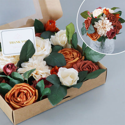 White Orange Rose Peony Artificial Silk Flower with nch Fake Rose Flower Valentines Day Gift Home Wedding Birthday Decoration