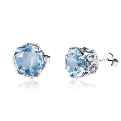 Szjinao Luxury Round Created Sky Blue Topaz Earrings Solid 925 Sterling Silver Gemstone Earrings For Women Fine Jewellery Genuin