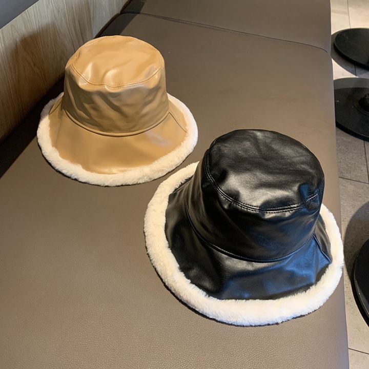 หมวกทรงถังหนังพียูสำหรับผู้หญิง-2021ฤดูใบไม้ร่วงฤดูหนาวหมวกหนังหมวกผู้หญิงปานามาให้ความอบอุ่นหนาสำหรับอ่าง