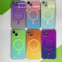 【ขาย】เคสโทรศัพท์ชาร์จไร้สาย Magsafe สุดหรูสำหรับ iPhone 11 12 13 14 Pro Max Plus ฝาหลังเรืองแสงสีไล่ระดับสี