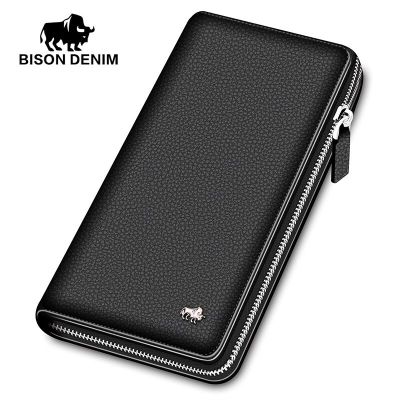 【JH】BISON DENIM luxury genuine leather men wallets long zipper clutch purse business casual male credit card holder phone wallet