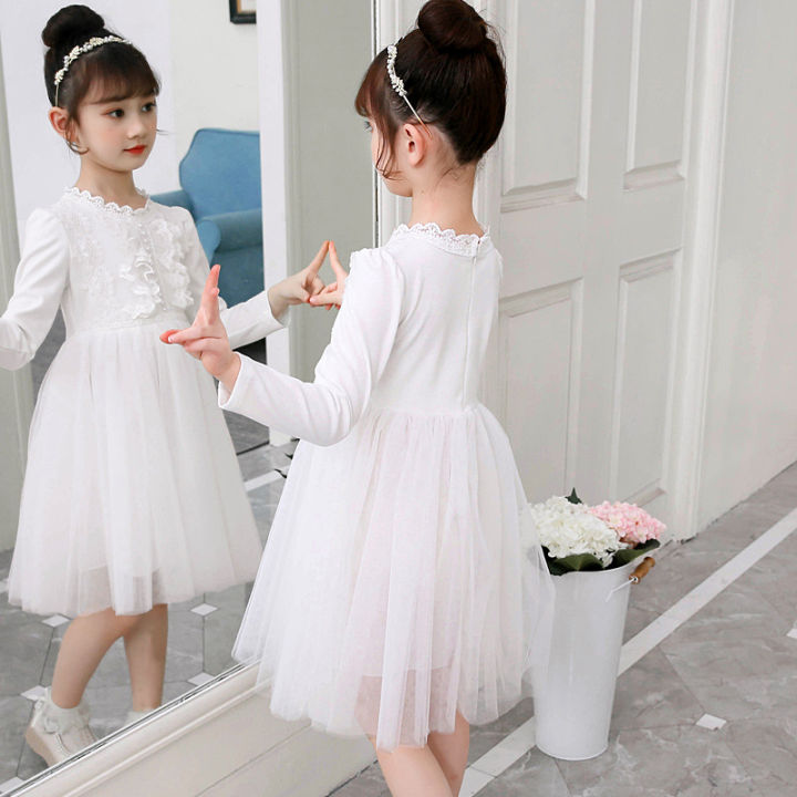 สีชมพูสีขาวสาวเจ้าหญิง-a-line-ชุดฤดูใบไม้ผลิฤดูใบไม้ร่วงใหม่แขนยาวคอกลมชุดเจ้าหญิงเกาหลีลูกไม้ลูกปัดชุดผ้าฝ้าย