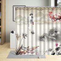 Chinese Style Antiquity House Landscape Shower Curtain Water Colors Bathroom Decor Curtains Wall Decoration Screen With Hooks