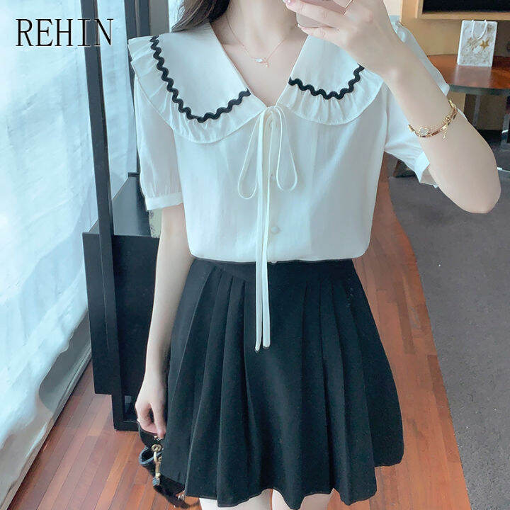 rehin-ผู้หญิงฤดูร้อนใหม่เกาหลีรุ่น-all-match-ตุ๊กตาคอ-splicing-สี-bow-tie-แขนสั้นเสื้อ-elegant-เสื้อ