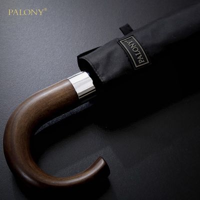 PALONY มาใหม่ล่าสุดร่มสามพับอัตโนมัติสำหรับผู้ชายด้ามไม้สีดำร่มพับได้การฉาบผิวแสงอาทิตย์10K กันลม