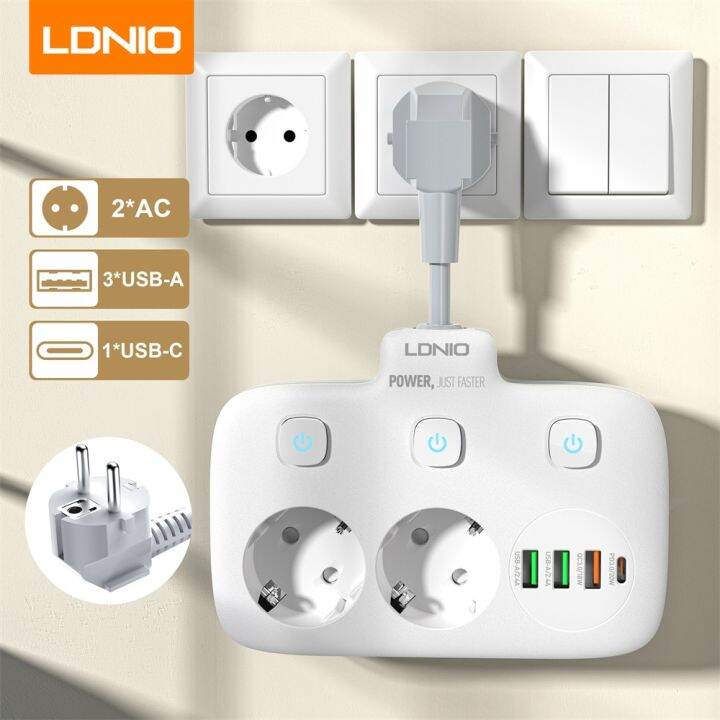 LDNIO EU Power Strip Plug 4 USB Ports 3 AC Outlet Wall Socket Surge
