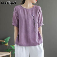 Laz Nigori สีม่วงแขนสั้นแบบหลวมผ้าลินินผ้าฝ้ายสีทึบผ้าลินินคอกลมเสื้อผ้าสตรี