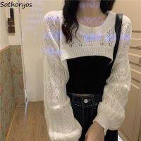 ۞✢ Knitted Shrugs Loose Crop Top Hollow Out Designer Hipster New-arrival Soft Teenagers Sleeve All-match Ulzzang