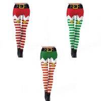 【JH】 Fake Elf Shorts Print Leggings Striped Tights Mid Rise Xmas Costume M6CD