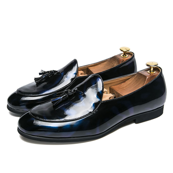 รองเท้าลำลองสำหรับผู้ชายรองเท้าสลิปออนหนังหัวมนสีทึบ-gaun-modis-ประจำวันสีฟ้าอ่อนสำหรับงานแต่งงานปาร์ตี้รองเท้าผ้าใบมีพู่