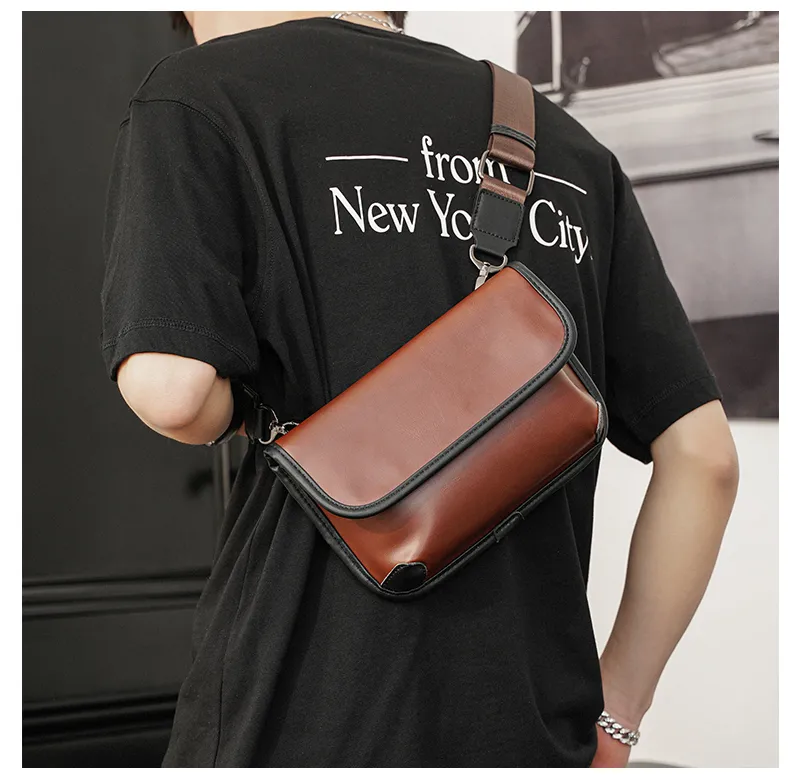 LEBSGE Men Small Diagonal Square Bag Pu Leather Black Color Street Style  Small Shoulder Bag Mobile Phone Bag Crossbody Bag