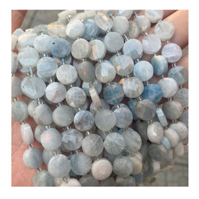 New Arrival Natural Stone Faceted Flat Round Blue Aquamarine Beads Loose Gemstone Beads DIY Bracelet Necklace For Jewelry Making