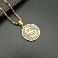 US Dollar Money round Necklace amp; Pendant 316L Stainless Steel/Gold Color Chain For Women/Men Rhinestone Hip Hop Bling Jewelry