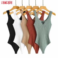 Tangada 2021 Solid Color Women Sexy Sleeveless Knit Bodysuit Female V Neck Overalls Summer Bodysuits 2LK5