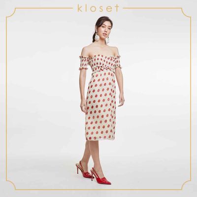 Kloset Design Polka Dot Printed Off-Shoulder Dress (RS20-D002) เดรสปาดหล่ เดรสผ้าชีฟอง เดรสผ้าแฟชั่น
