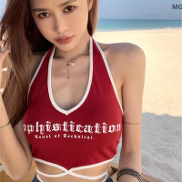 Magical house [2023 new HOT FASHION] เสื้อแขนกุดโชว์หลังเข้ารูปสำหรับผู้หญิงเสื้อแขนกุดคอวีพิมพ์ลายตัวอักษรฤดูร้อน