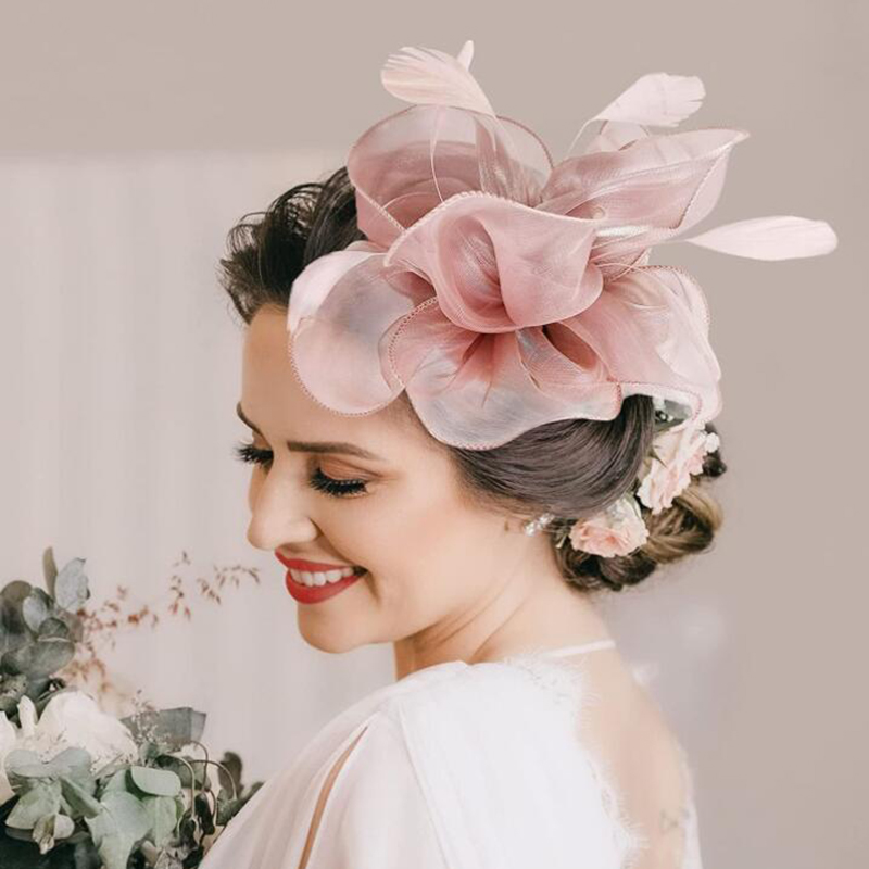 Elegant Flower Cream Mesh Net Veil Feather Fascinator Hair Clip Hat Wedding Cocktail Pink 