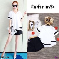 Chompoo Fashions  ชุดเซ็ท เซตคาดแถบ หน้าสั้น หลังยาว +กางเกงขาสั้น สีขาว