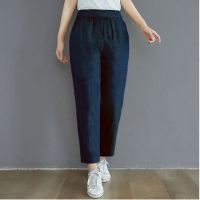 【มีไซส์ใหญ่】Plus Size S-2XL Womens Elastic Waist Casual Spring Summer Pants Solid Color Slim Cotton&amp;Linen Trousers