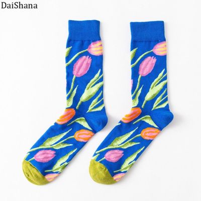 DaiShana ถุงเท้ามาใหม่ล่าสุดผู้หญิง1คู่,ถุงเท้าฮาราจูกุพิมพ์ลายดอกไม้และนกสร้างสรรค์ถุงเท้าผ้าฝ้ายลำลองตลกมีความสุข M