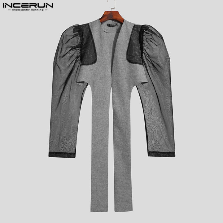 incerun-เสื้อเสื้อแจ็คเก็ตแขนพัฟสำหรับผู้ชายเสื้อครอปเปิดด้านหน้าเสื้อคาร์ดิแกนงานปาร์ตี้ดูผ่านเสื้อเชิ้ต-สไตล์ตะวันตก