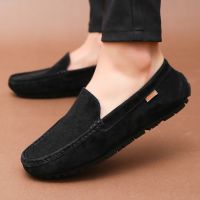 New Men Casual Shoes Fashion Summer Mens Shoes Suede Leather Mens Loafers Moccasins Brand Slip On Male Flat Driving Shoes Black