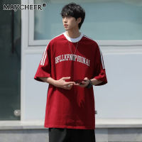 MAYCHEER   เสื้อยืดผู้ชายแขนสั้นวินเทจสำหรับการออกแบบฤดูร้อนเป็นเสื้อแบบหลวมลำลองอเนกประสงค์