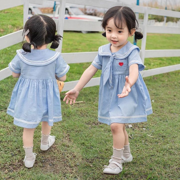 ชุดเด็กผู้หญิง-แฟชั่นฤดูร้อนสไตล์เกาหลีผ้าฝ้ายชุดเจ้าหญิงสีฟ้า-อายุ-1-6-ขวบ