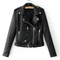 Lady Leather Long Sleeve Lapel Zipper Button Pocket Motorcycle Jacket Short Coat