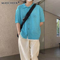 MAYCHEER   เสื้อถักแขนสั้นผ้าตาข่ายเสื้อแบบหลวมเสื้อถักเทรนด์ลำลองสำหรับผู้ชาย