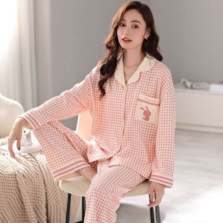 muji-high-quality-2023-new-pajamas-spring-and-autumn-womens-pure-cotton-pajamas-long-sleeved-can-be-worn-outside-the-high-end-home-service-large-size-suit