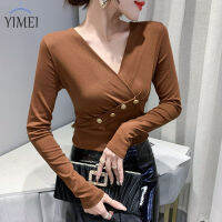 YIMEI เสื้อยืดผ้าฝ้ายคอวีผู้หญิง2022แฟชั่นแบบใหม่ในฤดูใบไม้ร่วง,ดีไซน์เซ้นส์เสื้อตัวในเข้ารูปเสื้อเชิ้ตแขนยาว