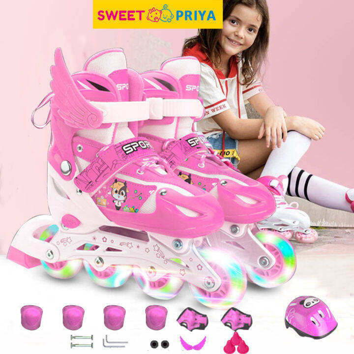 【PRIYA】 22PCS Roller Blade Kids Full Flash 8-Wheels Inline Roller Skate ...