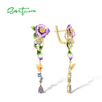 SANTUZZA 925 Sterling Silver Drop Earrings For Women Sparkling Purple Stone Colorful Flower Party Fine Jewelry Handmade Enamel