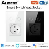 Tuya Wifi Smart Switch Wall Socket Israel Plug Smart Home Touch Tempered Glass Panel APP Remote Control Vias Alexa Google Home Ratchets Sockets